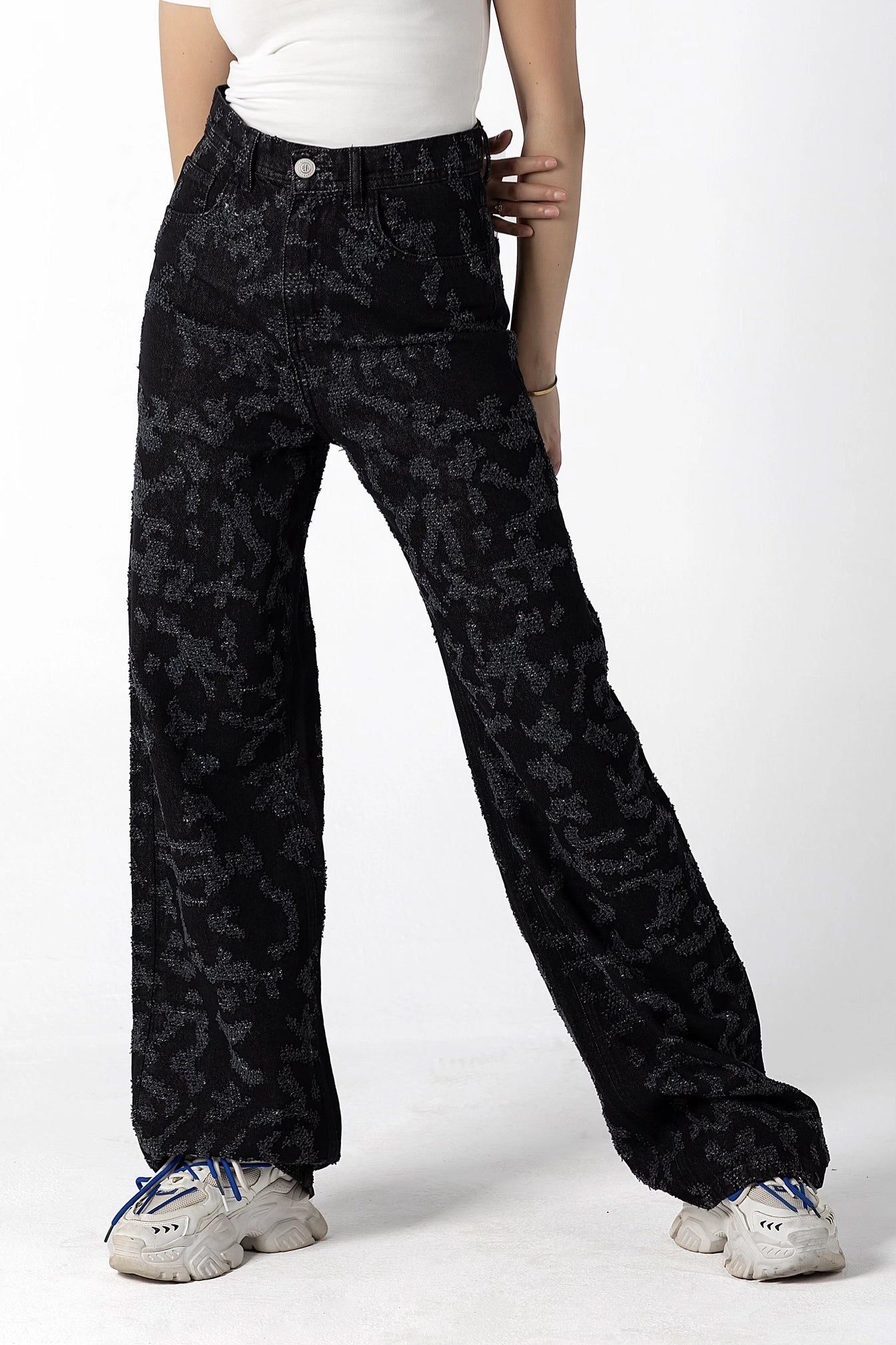 Midnight Floral Jacquard Wide-Leg Jeans