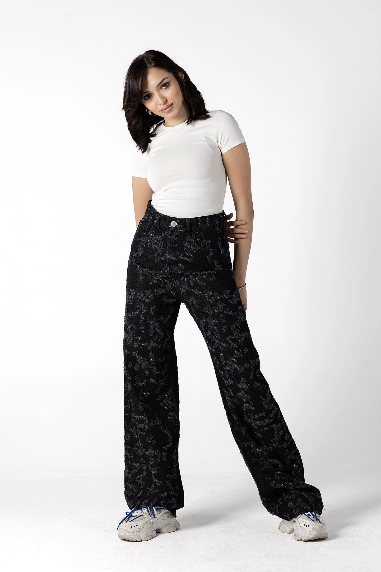 Midnight Floral Jacquard Wide-Leg Jeans