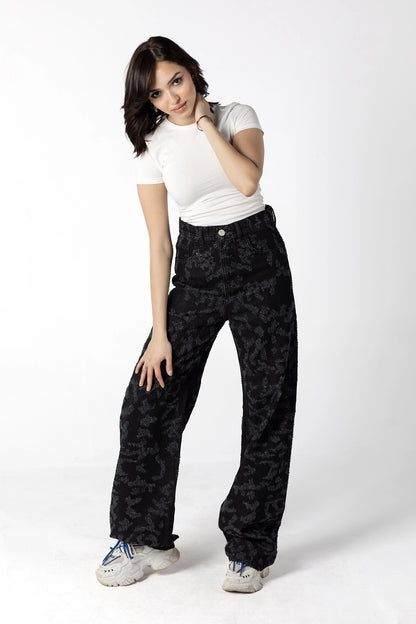 Midnight Floral Jacquard Wide-Leg Jeans