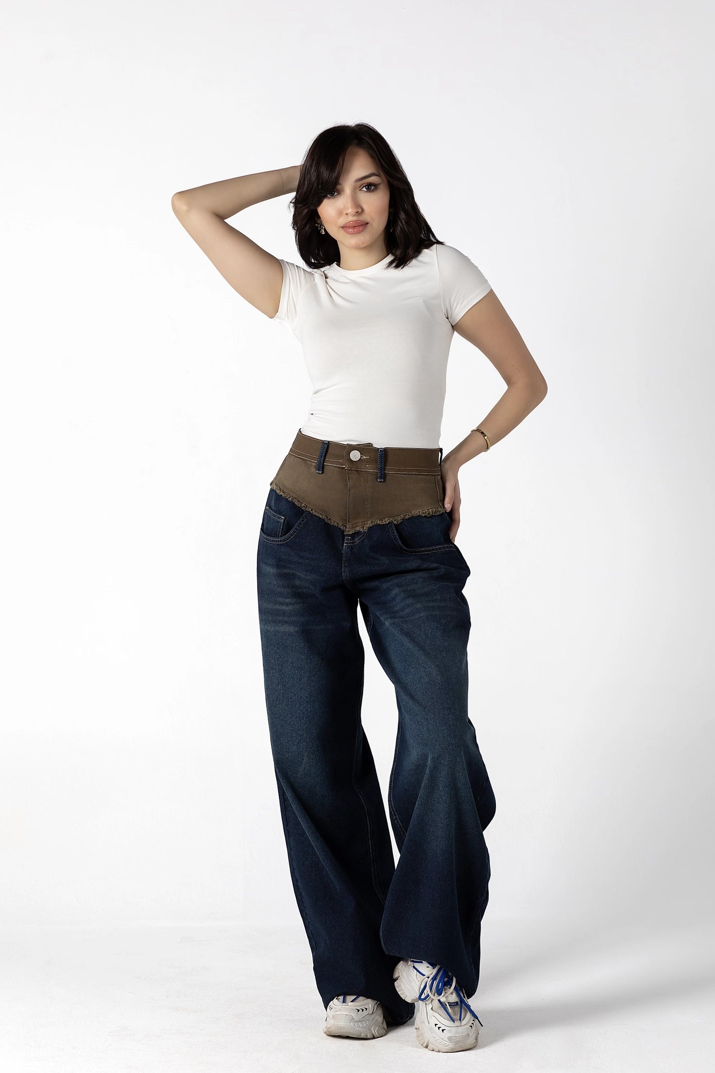 Layered Contrast Stitch Wide-Leg Jeans