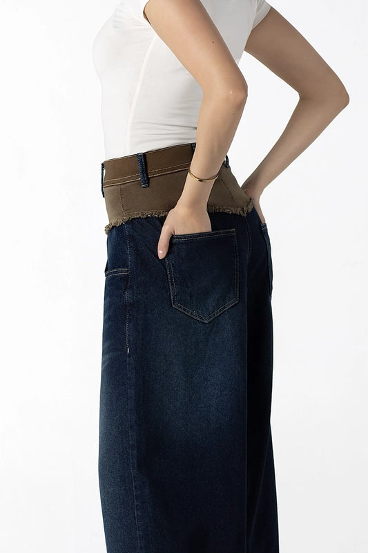 Layered Contrast Stitch Wide-Leg Jeans