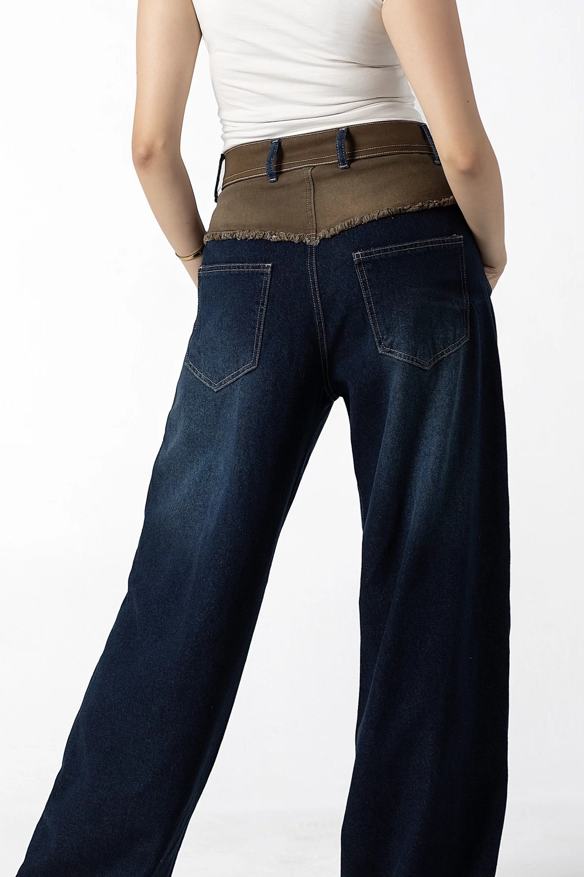 Layered Contrast Stitch Wide-Leg Jeans