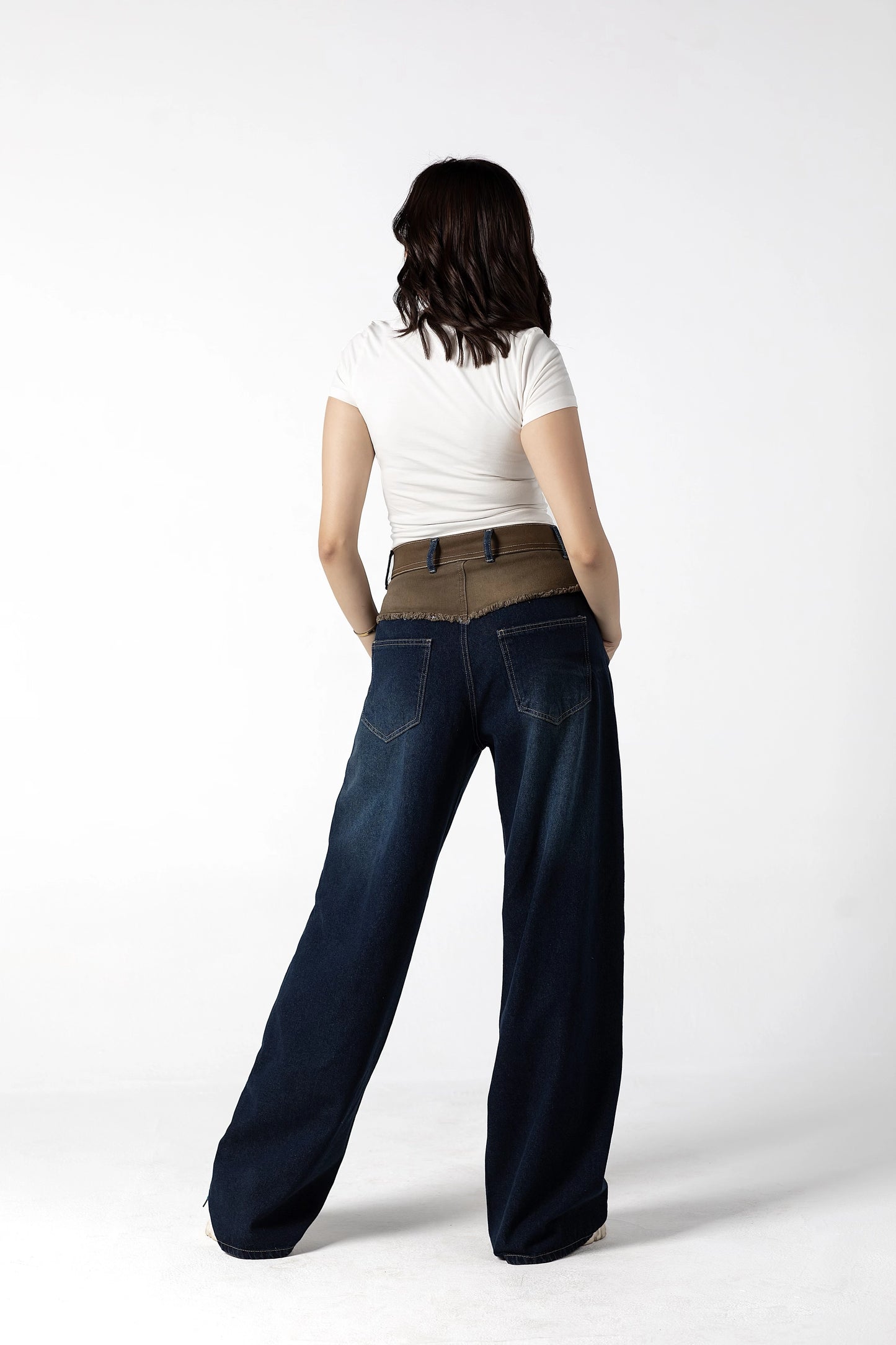 Layered Contrast Stitch Wide-Leg Jeans