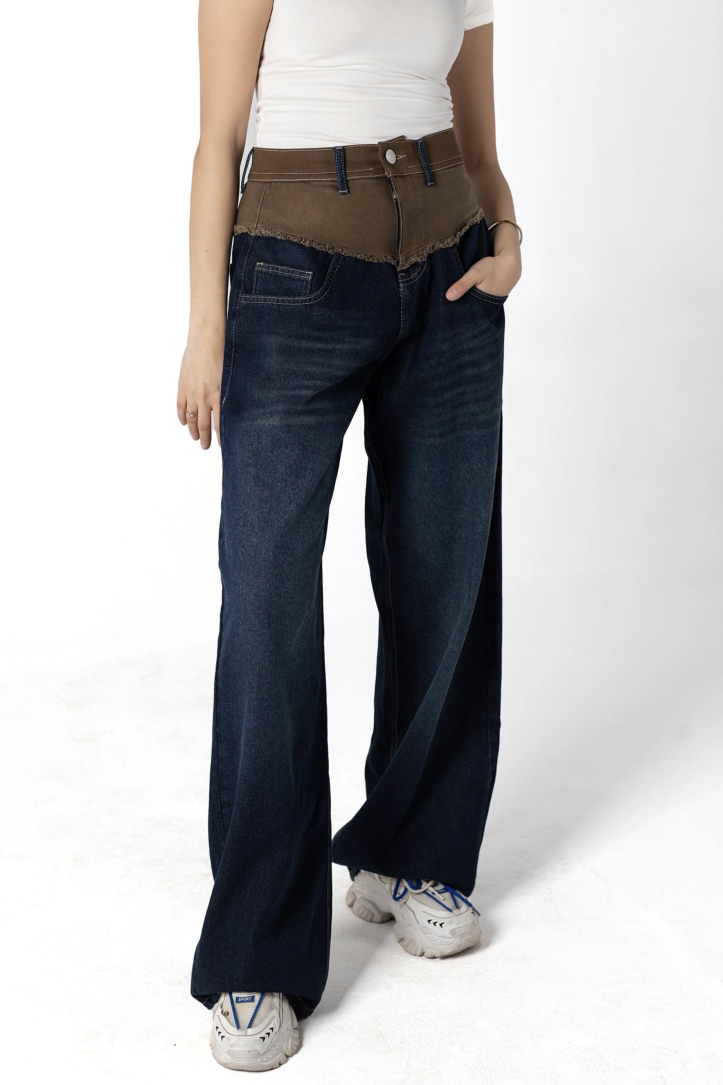 Layered Contrast Stitch Wide-Leg Jeans