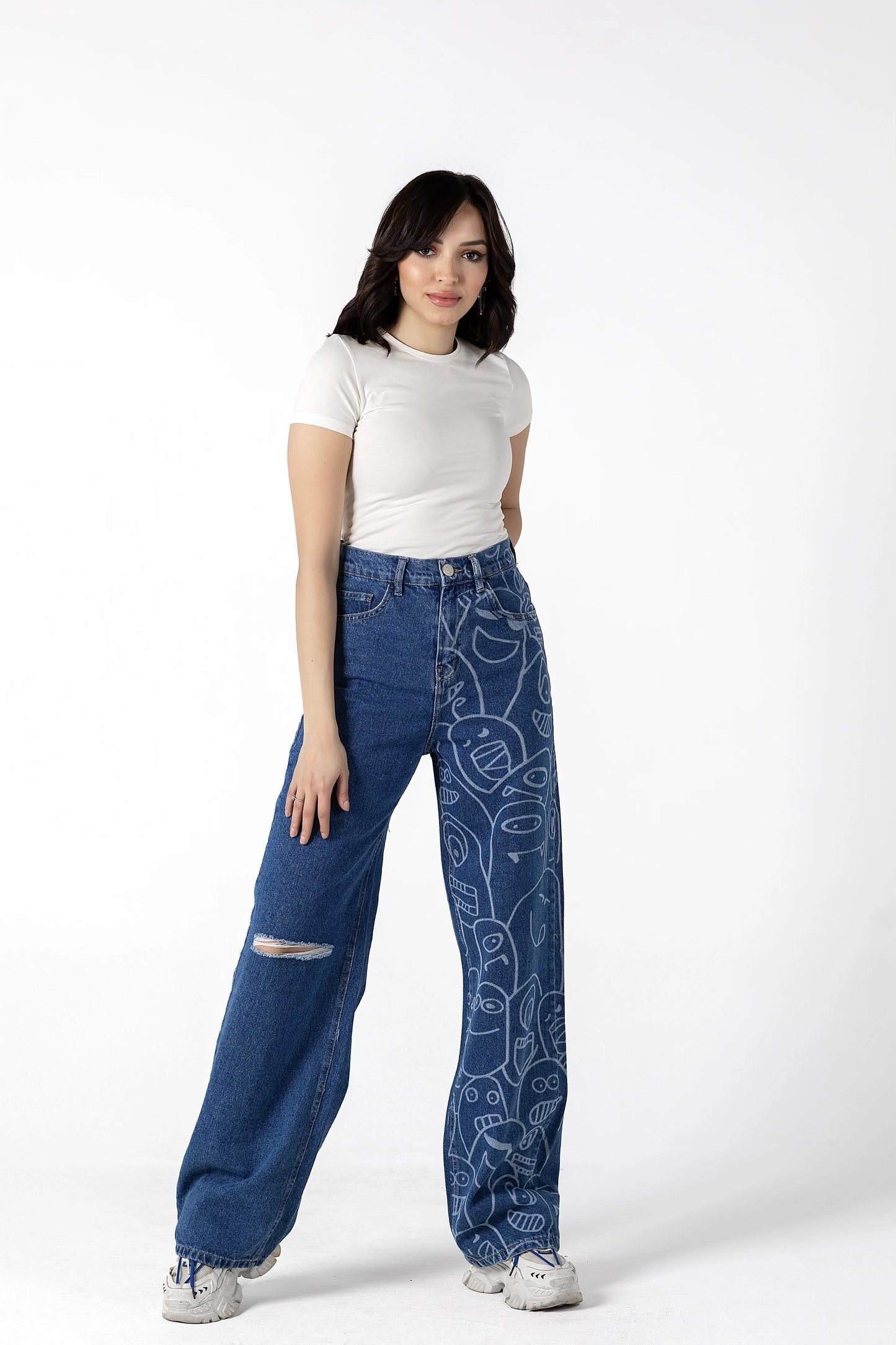 Doodle Monster Wide-Leg Denim Jeans