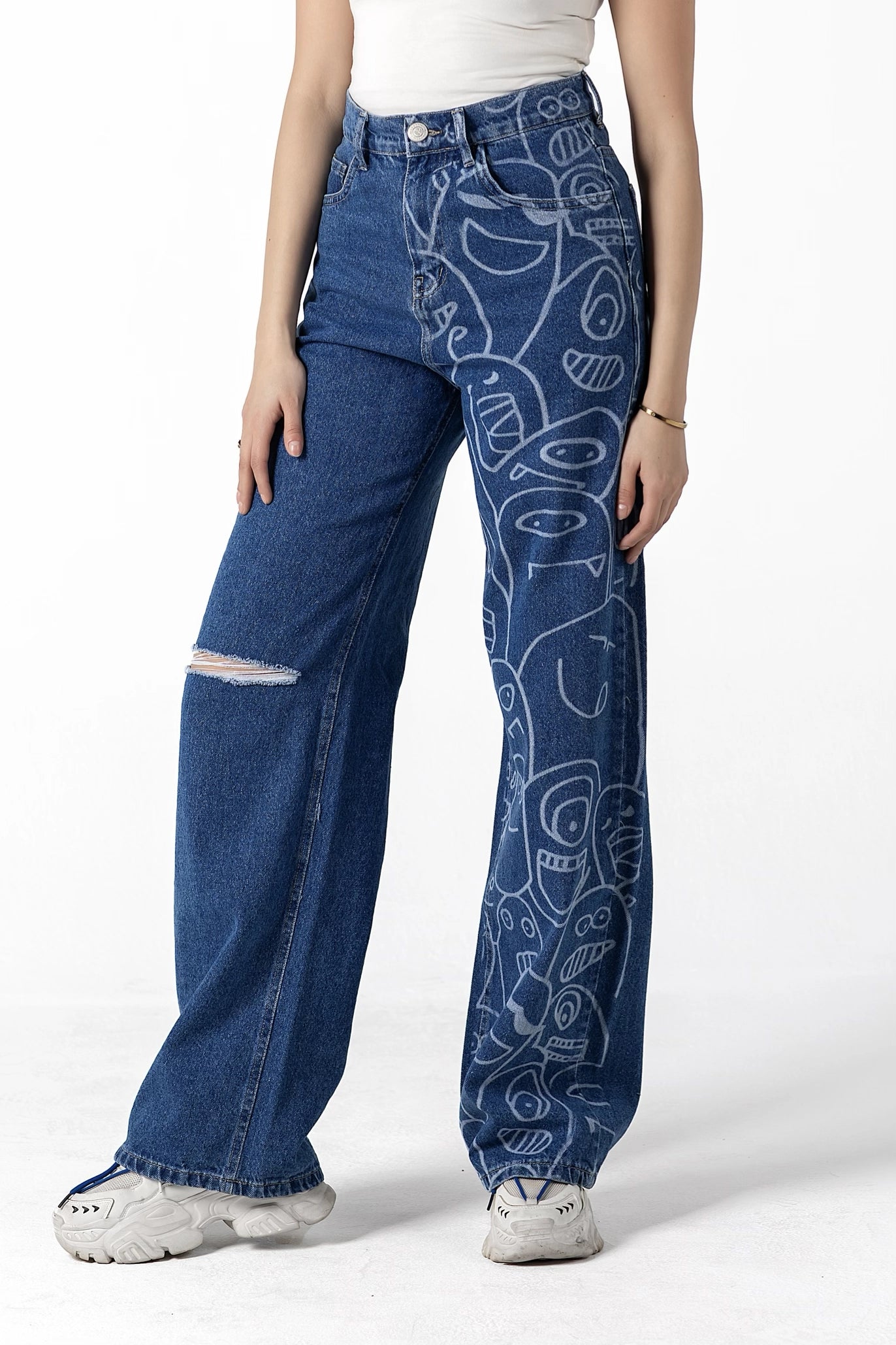 Doodle Monster Wide-Leg Denim Jeans