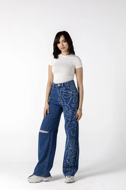 Doodle Monster Wide-Leg Denim Jeans