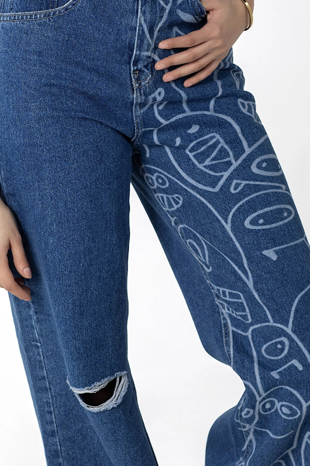 Doodle Monster Wide-Leg Denim Jeans