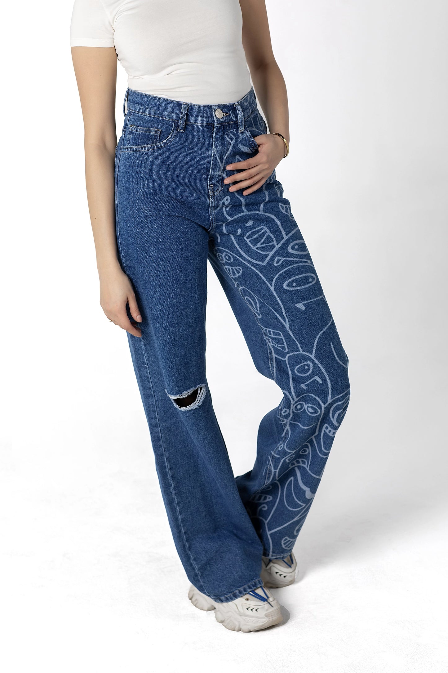 Doodle Monster Wide-Leg Denim Jeans