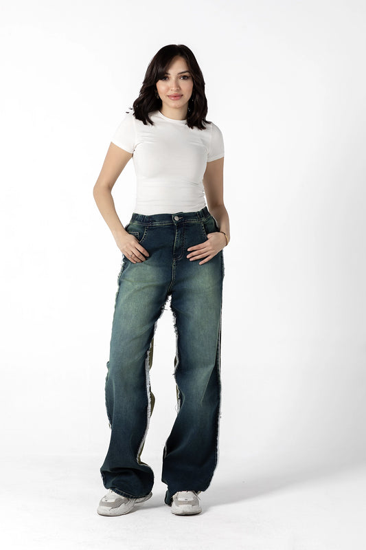 Olive & Denim Contrast Stitch Wide-Leg Jeans