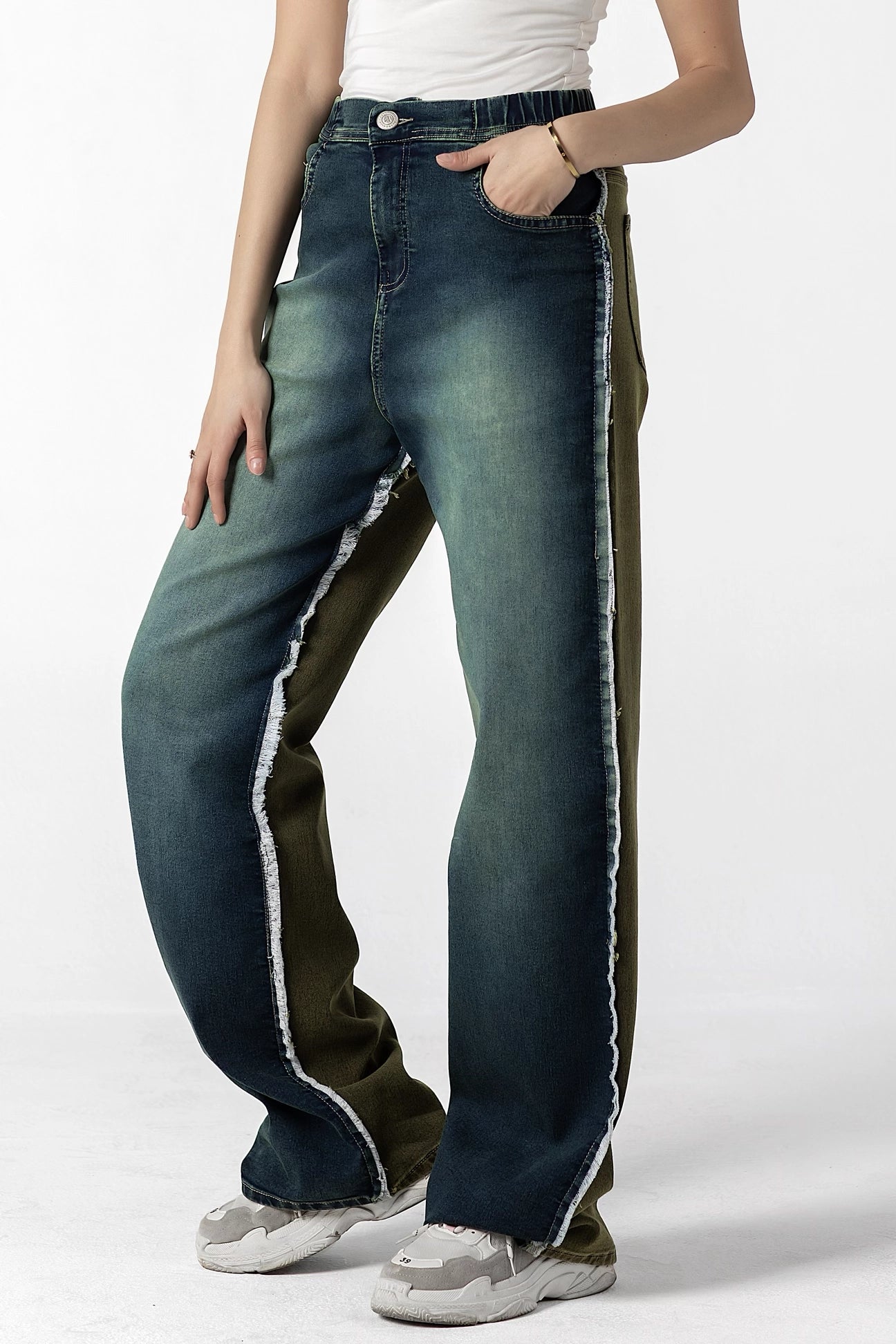 Olive & Denim Contrast Stitch Wide-Leg Jeans