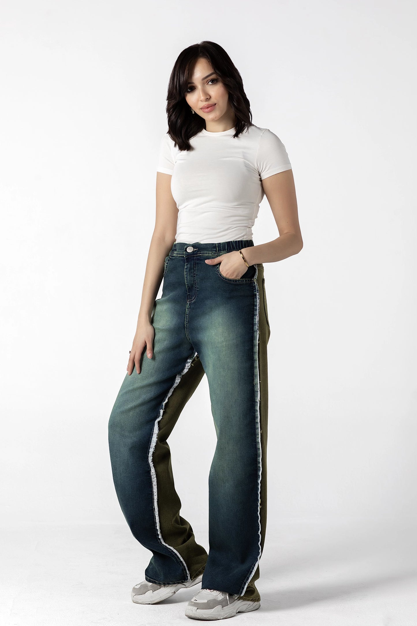 Olive & Denim Contrast Stitch Wide-Leg Jeans