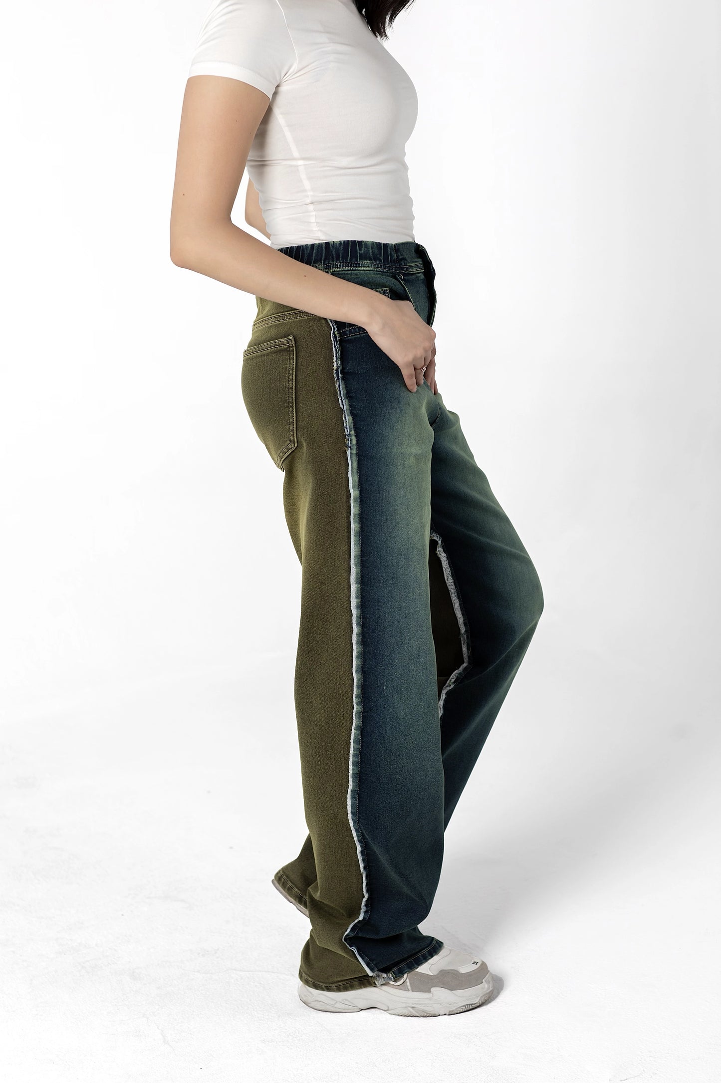 Olive & Denim Contrast Stitch Wide-Leg Jeans