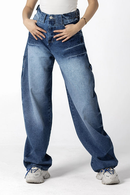 Patchwork Balloon Panache Wide-Leg in Blue Jeans