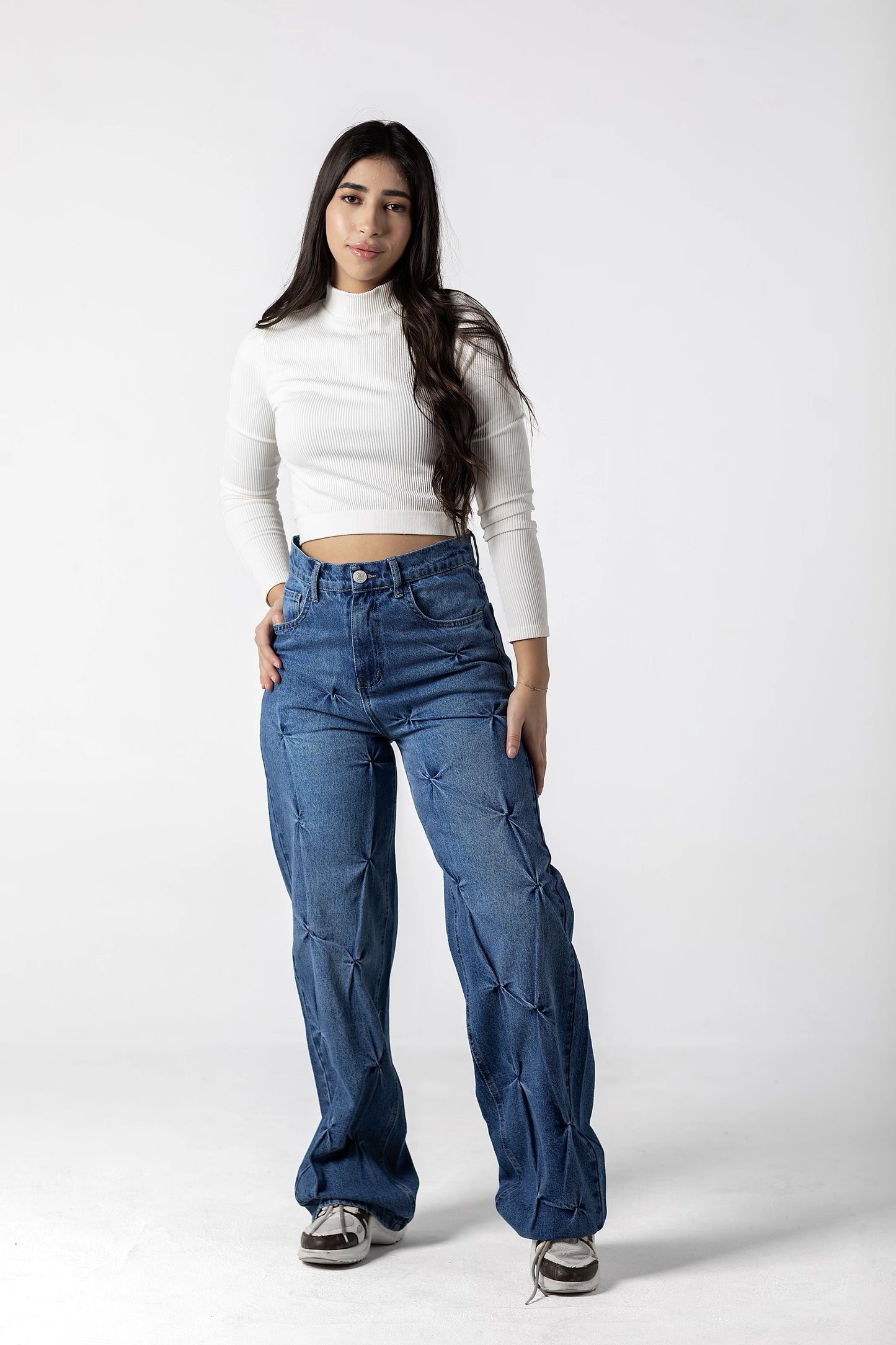 Dimensional Tufted Wide-Leg Jeans