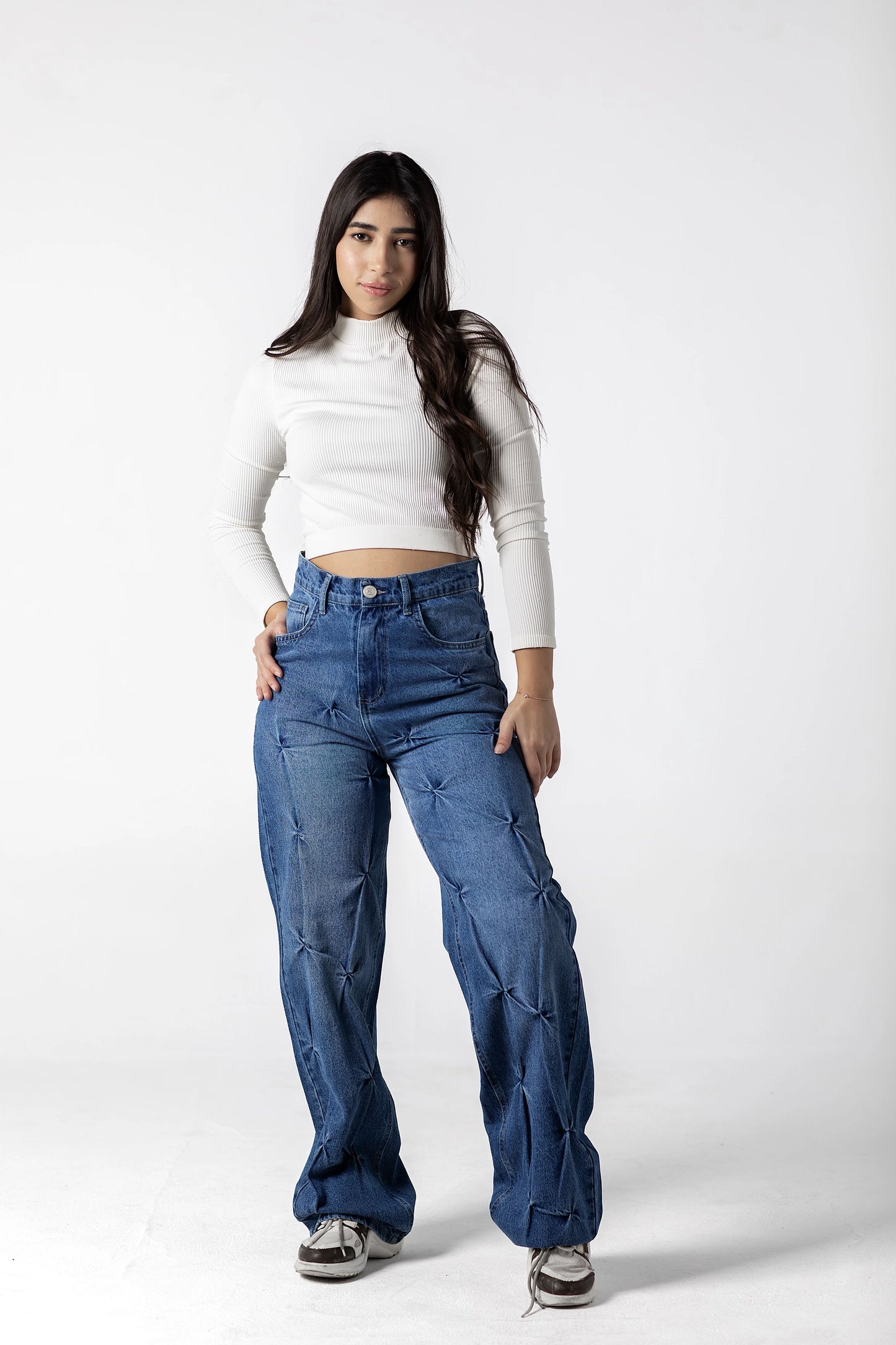 Dimensional Tufted Wide-Leg Jeans