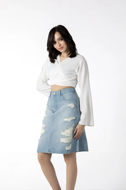 Edgy Asymmetrical Ripped Denim Skirt