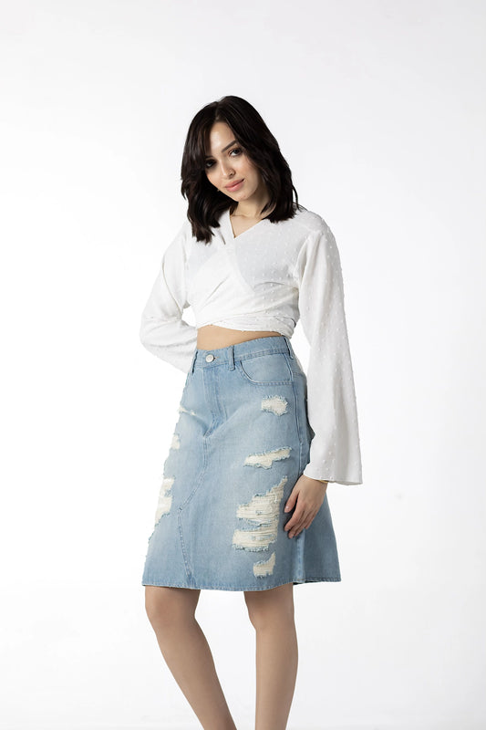 Edgy Asymmetrical Ripped Denim Skirt