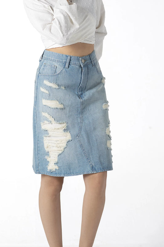 Edgy Asymmetrical Ripped Denim Skirt