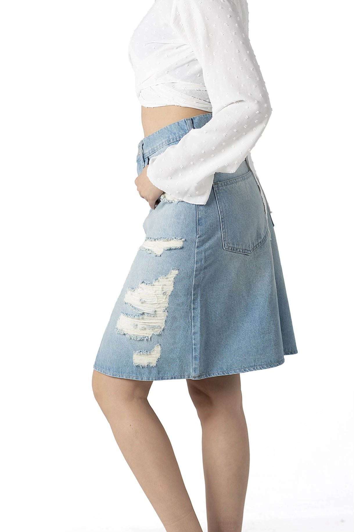 Edgy Asymmetrical Ripped Denim Skirt