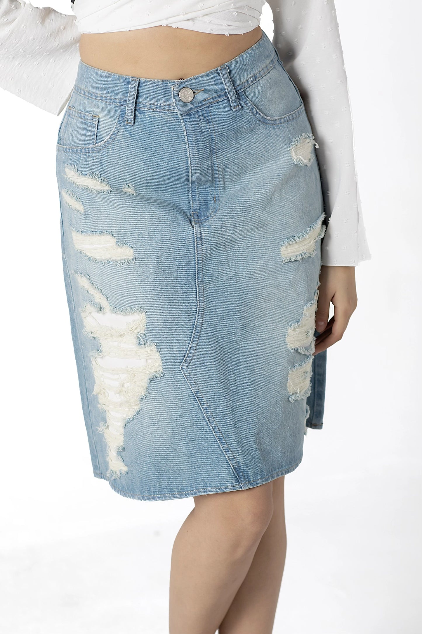 Edgy Asymmetrical Ripped Denim Skirt