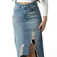 Daring Slit-Front Distressed Denim Skirt