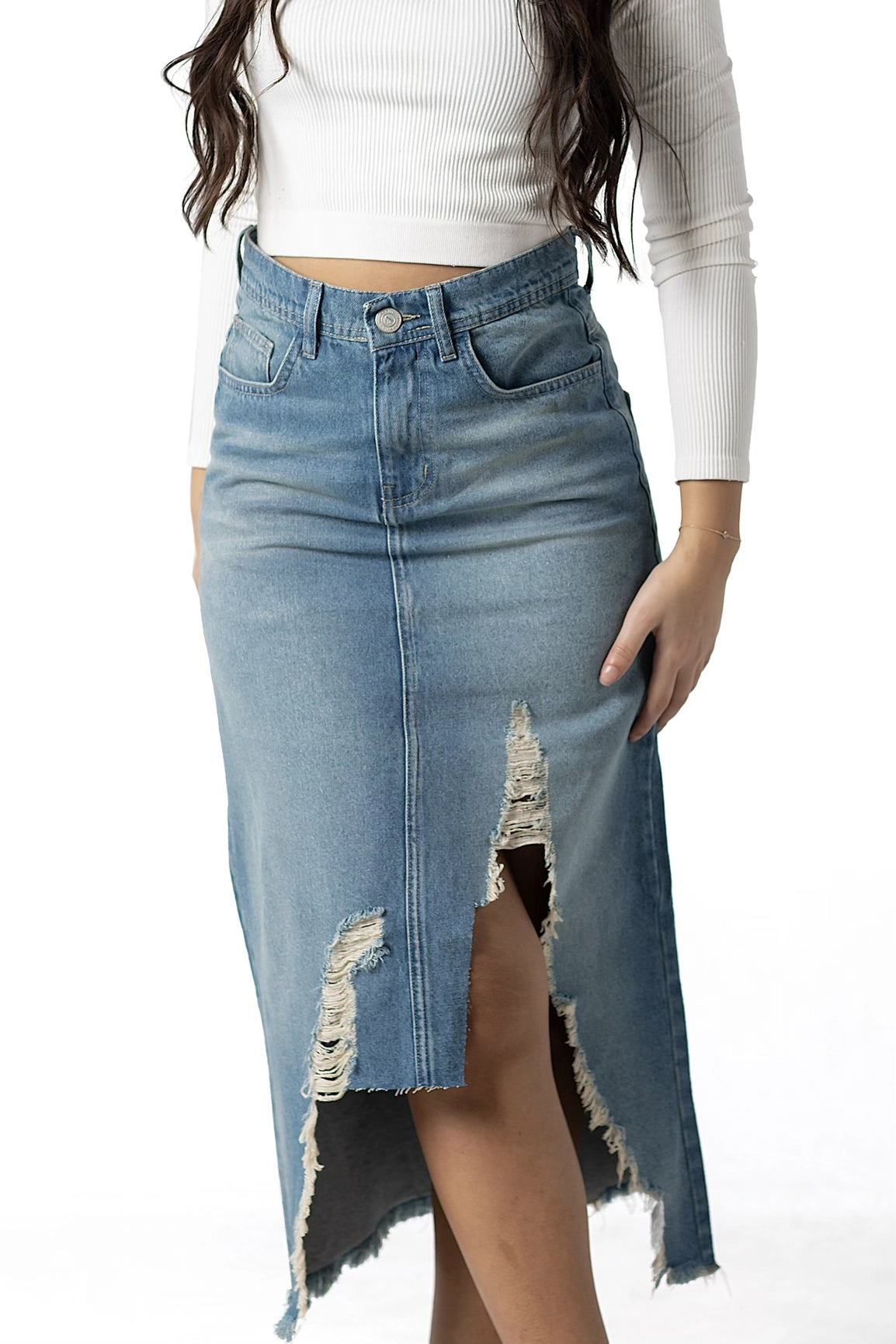 Daring Slit-Front Distressed Denim Skirt