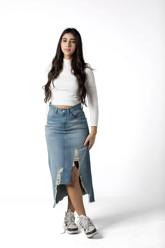 Daring Slit-Front Distressed Denim Skirt