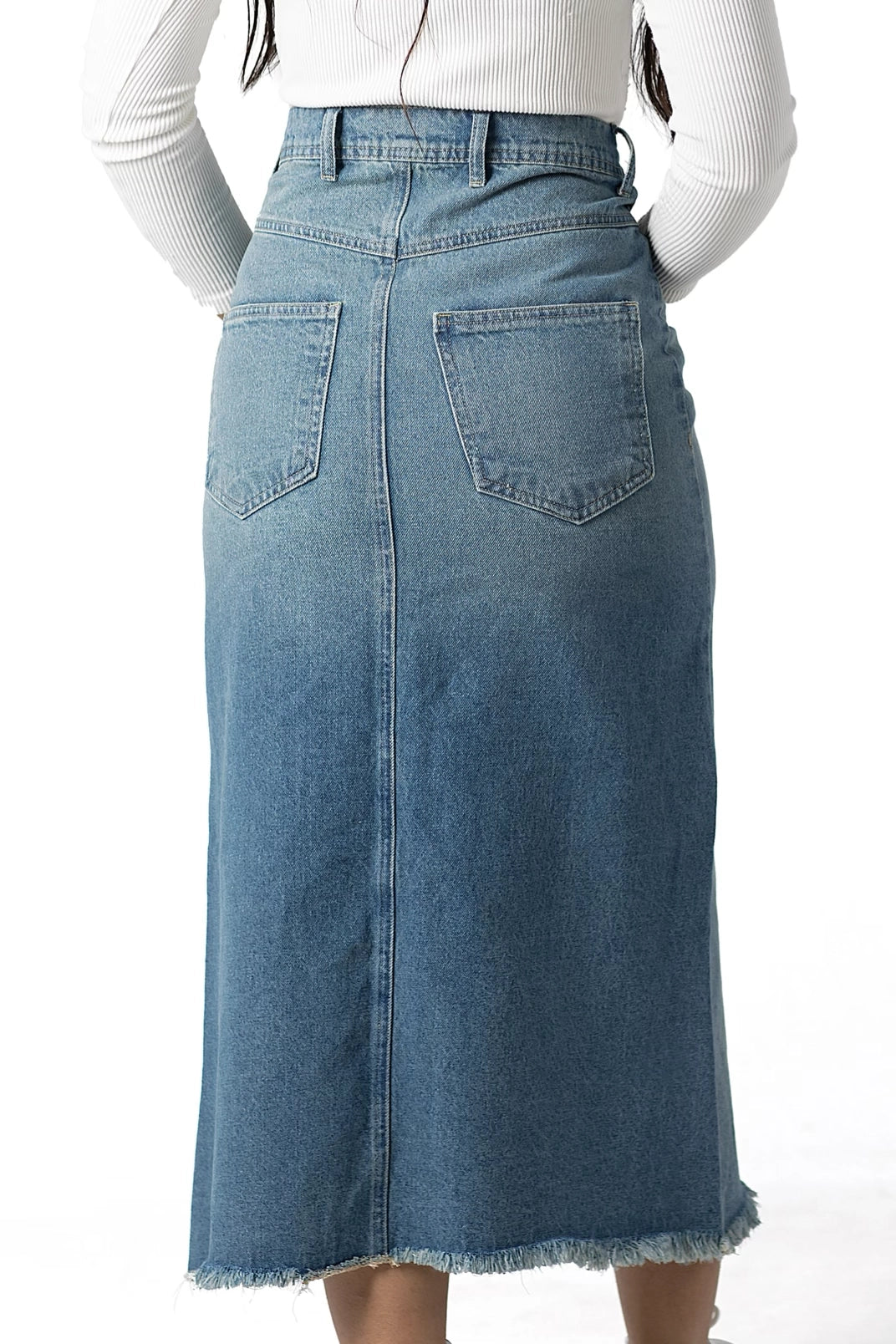 Daring Slit-Front Distressed Denim Skirt