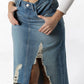 Daring Slit-Front Distressed Denim Skirt