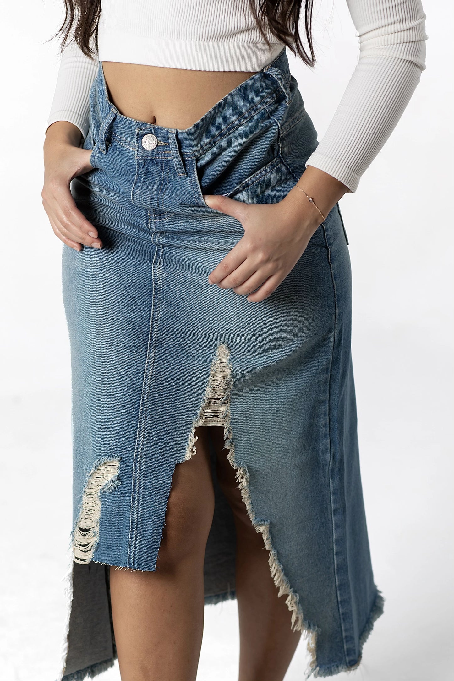 Daring Slit-Front Distressed Denim Skirt